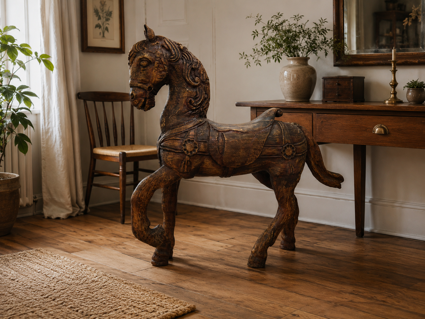 Carved wooden horse displayed in a traditional home interior