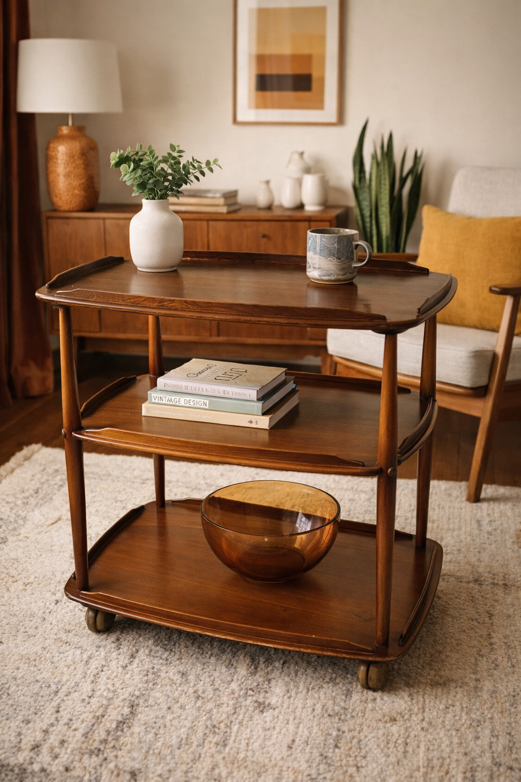 Vintage Ercol Windsor serving trolley in a stylish traditional home interior