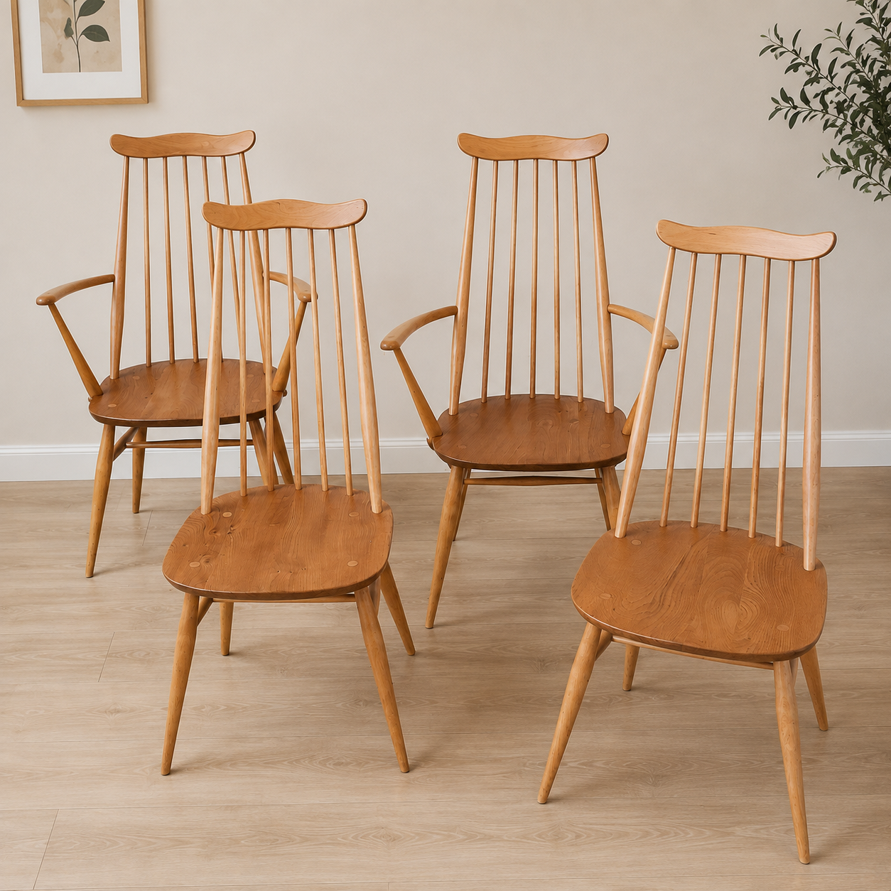 Restored vintage Ercol Goldsmith dining chair set comprising two Model 369 dining chairs and two Model 369A armchairs in solid elm and beech.