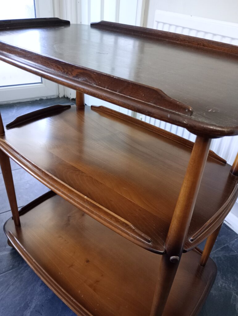 Vintage Ercol Windsor Model 458 three-tier serving trolley in elm and beech