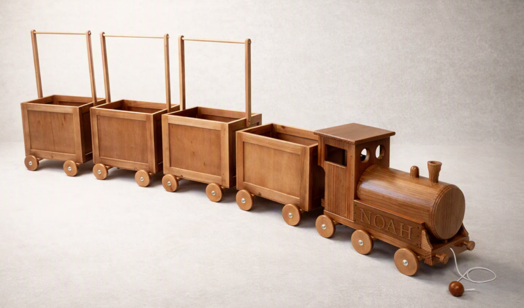 Full toy train with carriages, coal carriage and engine.